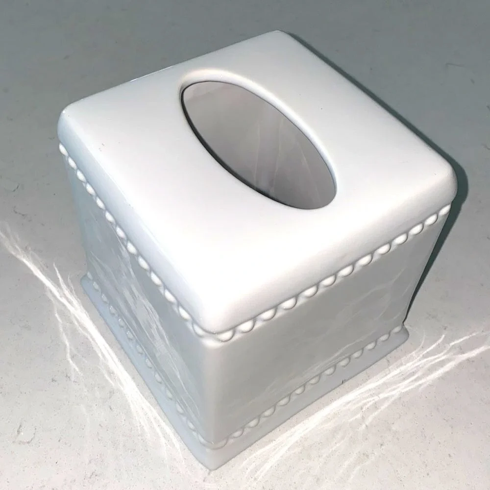 White Ceramic Beaded Tissue Box Cover Square Glossy Boutique Holder Vanity Decor